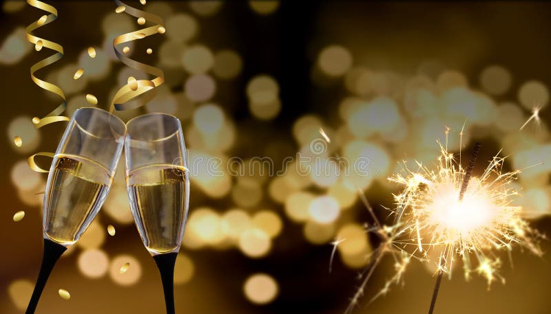 Picture for New Year`s Eve or celebrating birthdays with 2 sparkling wine glasses and sparklers. Picture for New Year`s Eve or celebrating birthdays with 2 sparkling wine glasses and sparklers