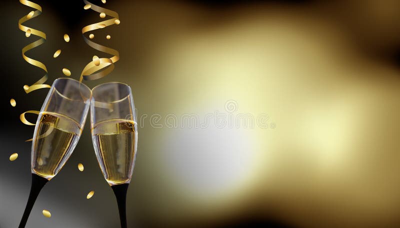 Picture for New Year`s Eve or celebrating birthdays with 2 sparkling wine glasses and streamers. Picture for New Year`s Eve or celebrating birthdays with 2 sparkling wine glasses and streamers