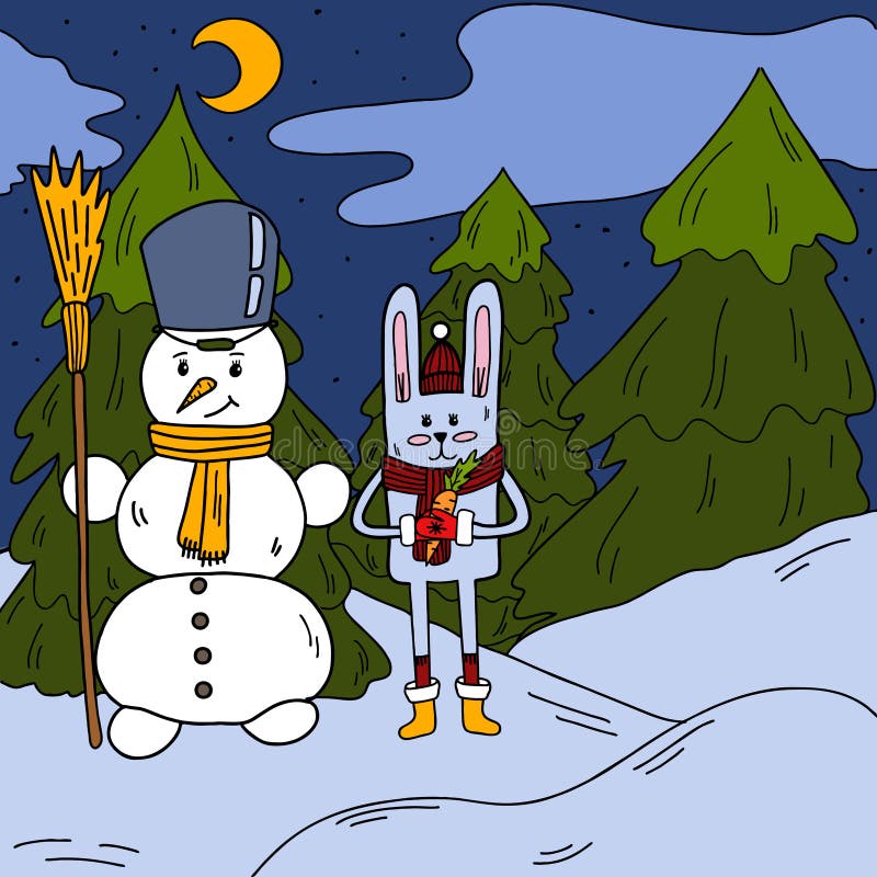 Obrázok z králik sochárstvo snehuliak v les vektor ilustrácie.