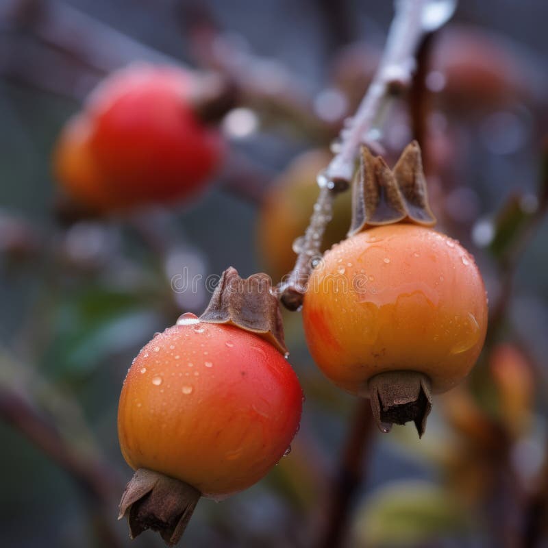 Picture of a Rose Hip Growing on a Tree. Ripe Rose Hip on a Chilly Day