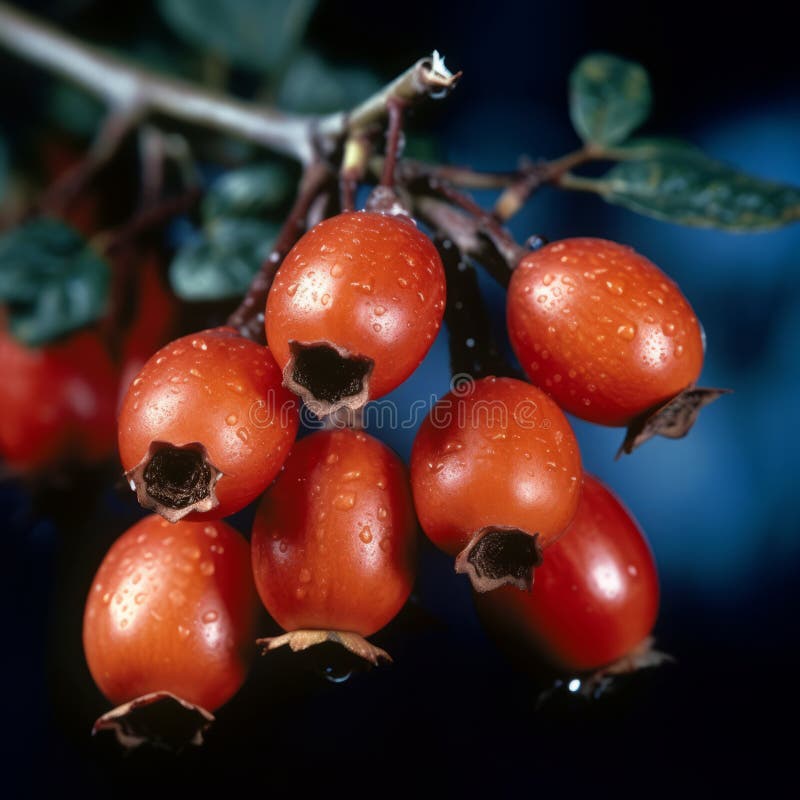 Picture of a Rose Hip Growing on a Tree. Ripe Rose Hip on a Chilly Day
