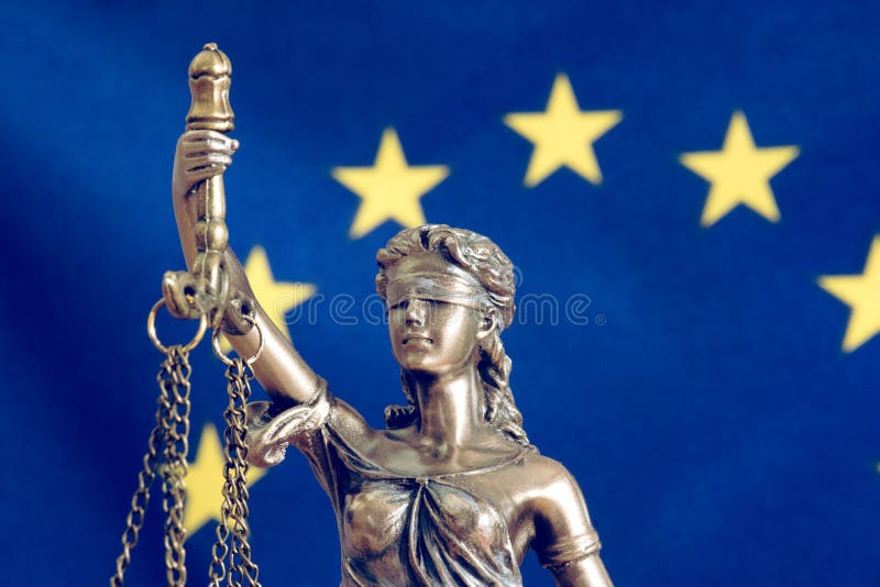 EU flag and Justizia statue