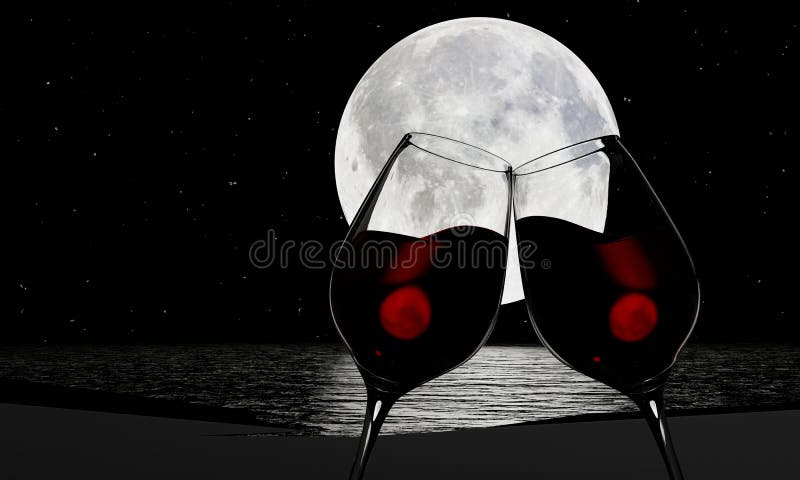 Picture of Silhouette Red Wine in a clear glass to celebrate the Full Moon. There is a reflection on the river or sea. The sky is