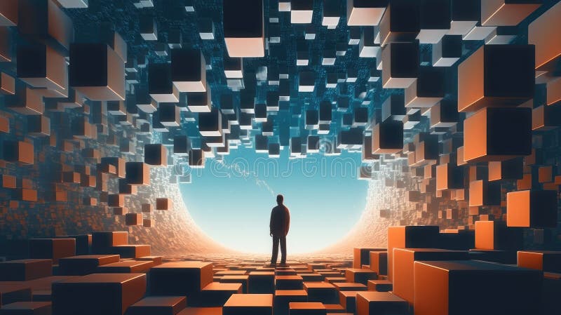 Picture of smart scientist human create colony using cube technology. AIG35. royalty free stock images