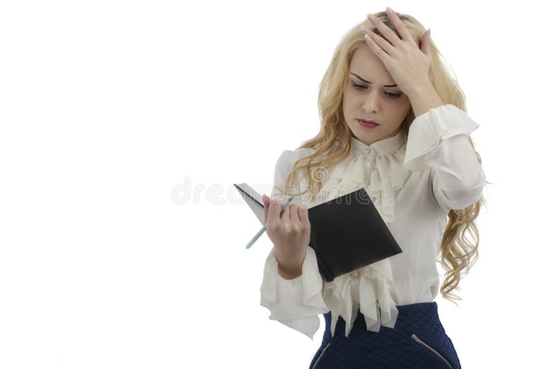 picture of stressed woman with clipboard isolated on white background