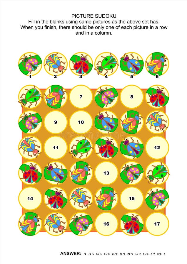 Picture sudoku puzzle with bugs and beetles royalty free illustration