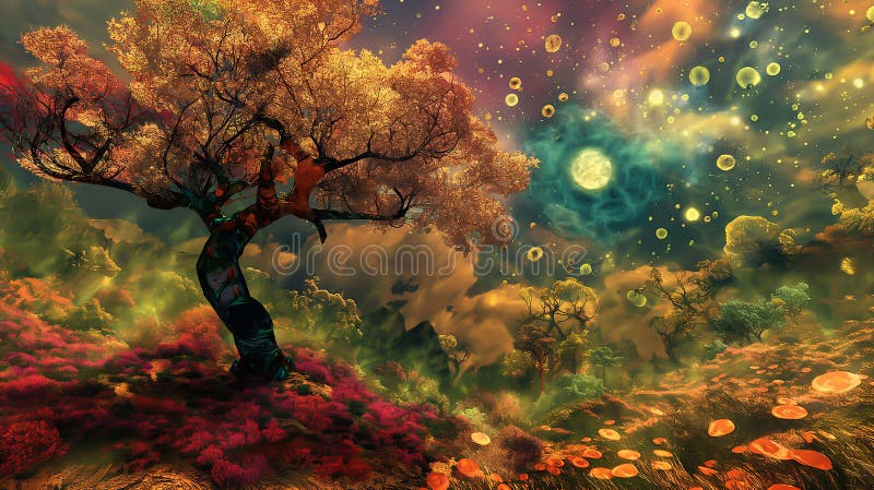 Picture a surreal landscape adorned with vibrant colors and fantastical elements vector illustration