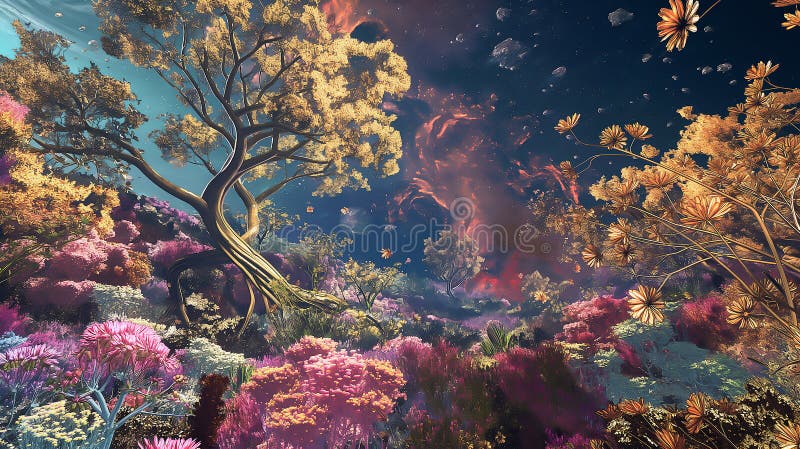Picture a surreal landscape adorned with vibrant colors and fantastical elements royalty free illustration