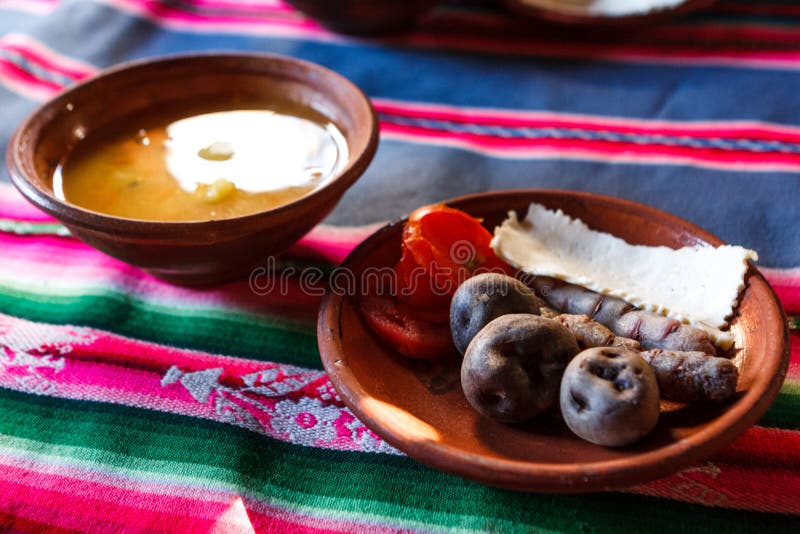 Typical meal with peruvian food, Amantani Island, Titicaca lake, Peru stock photography Typical meal with peruvian food, Amantani Island, Titicaca lake, Peru stock photography