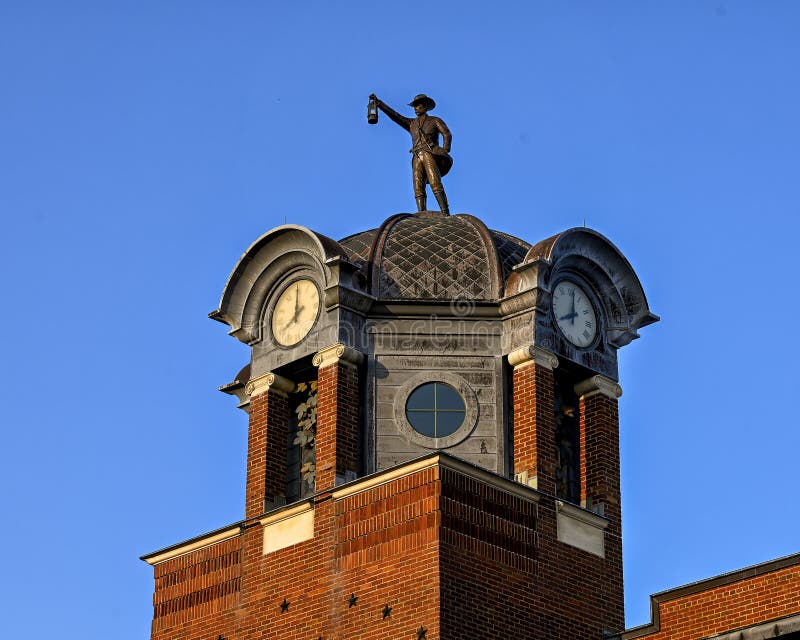 `The Night Watchman` by Jack Bryant atop Grapevine City Hall in the historic district of Grapevine, Texas.