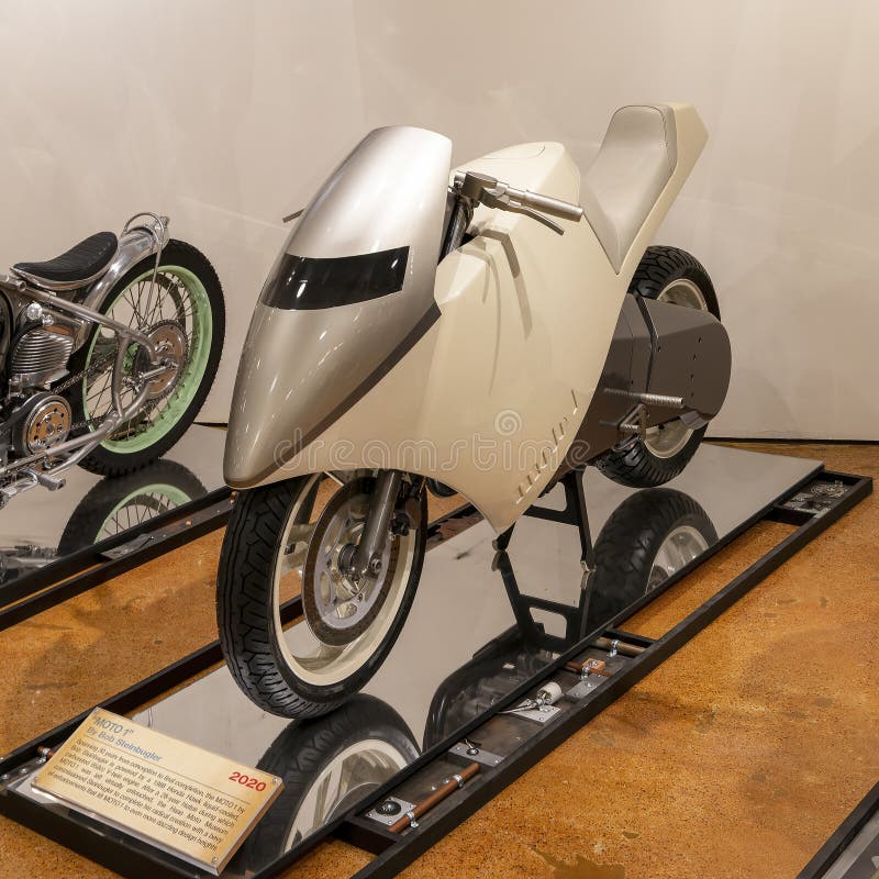 Pictured is a custom motorcycle named MOTO 1 by Bob Steinbugler on display in the Haas Moto Museum and Sculpture Gallery in Dallas, Texas. It is powered by a 1988 Honda Hawk liquid-cooled 650cc V-twin engine. After a 28-year hiatus during which MOTO 1 was left virtually untouched, Haas commissioned Steinbugler to complete his radical creation. Pictured is a custom motorcycle named MOTO 1 by Bob Steinbugler on display in the Haas Moto Museum and Sculpture Gallery in Dallas, Texas. It is powered by a 1988 Honda Hawk liquid-cooled 650cc V-twin engine. After a 28-year hiatus during which MOTO 1 was left virtually untouched, Haas commissioned Steinbugler to complete his radical creation.