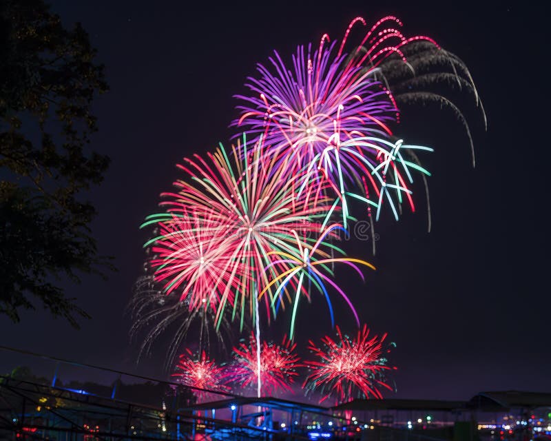 July 4th, 2022, Duck Creek Fireworks Display on Grand Lake, Oklahoma. Stock Photo Image of