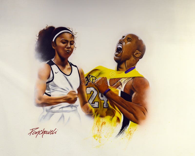 Mural by renowned artist Ponchaveli honoring Kobe Bryant and his daughter Gianna after their tragic death in a helicopter crash.