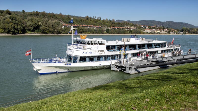 Tourboat unloading tourists at Danube Station 9, Melk, Wachau Valley, Lower Austria.