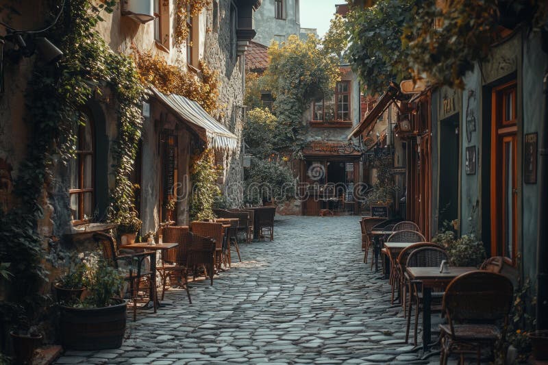 Picturesque alley lined with quaint cafes and lush greenery 库存图片