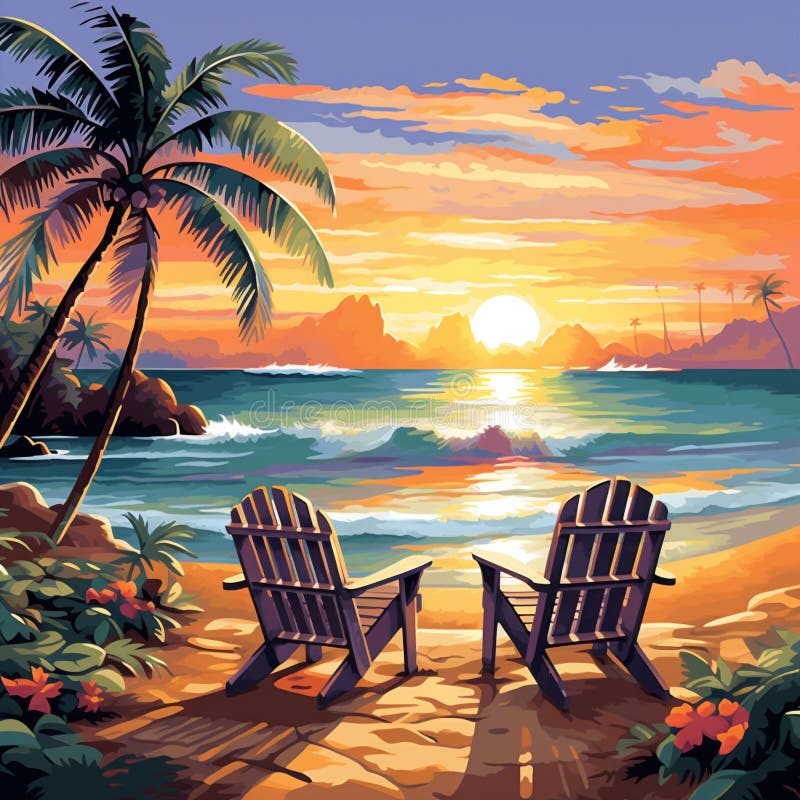 Picturesque beach scene with golden sands, sparkling ocean waves, and a breathtaking sunset