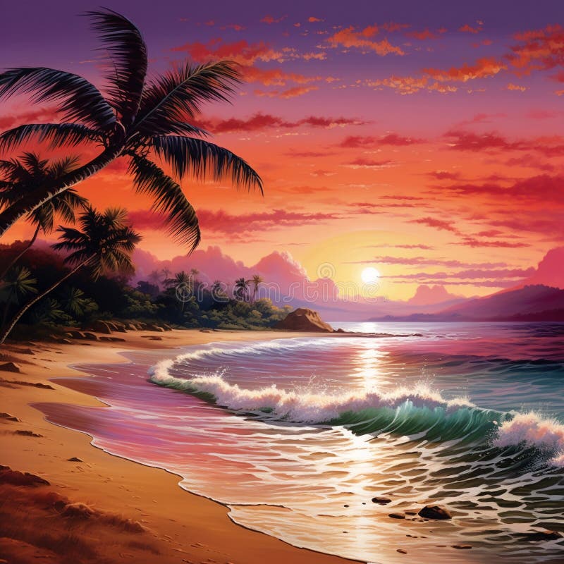 Picturesque beach scene with golden sands, sparkling ocean waves, and a breathtaking sunset