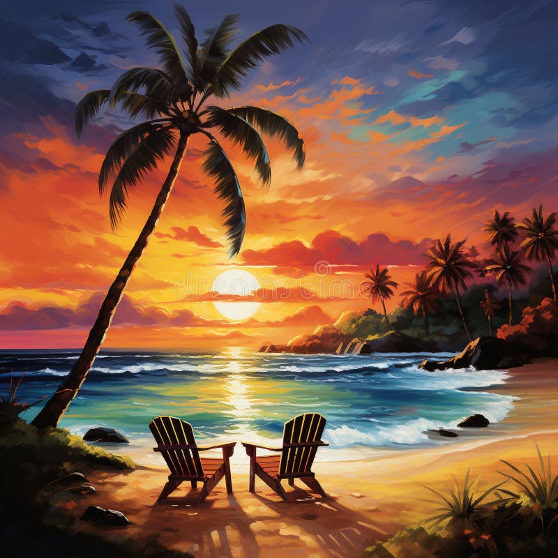 Picturesque beach scene with golden sands, sparkling ocean waves, and a breathtaking sunset