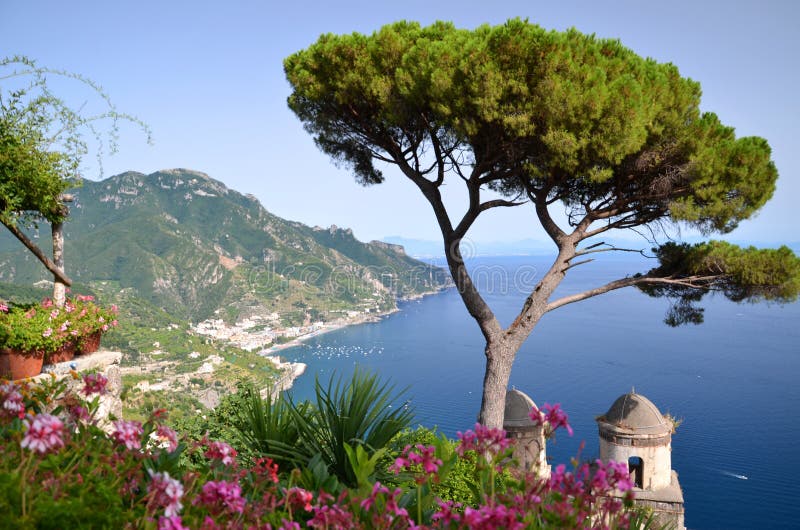 Picturesque landscape of famous Amalfi Coast, view from Villa Rufolo in Ravello, Italy