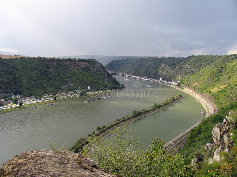 Picturesque landscape of Middle Rhine river. View from above from Lorelei rocks at St. Goarshausen, Katz Castle.