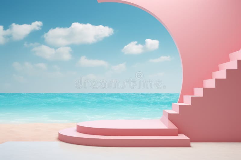 Picturesque pink beach house with set of stairs leading to idyllic ocean view, surrounded by serene stock image