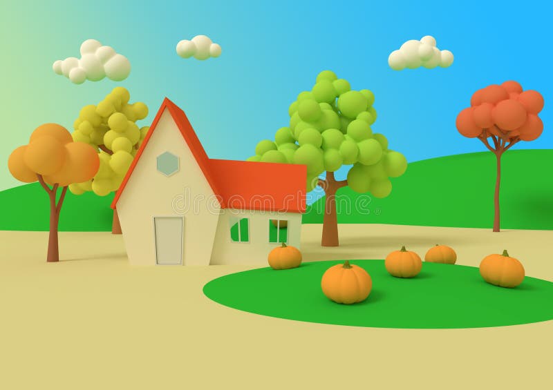 House in the Field of Pumpkins on the Background of the Autumn Priors.  Picturesque Rural Landscape with Harvest in Cartoon Style. Stock  Illustration - Illustration of cloud, green: 151076091
