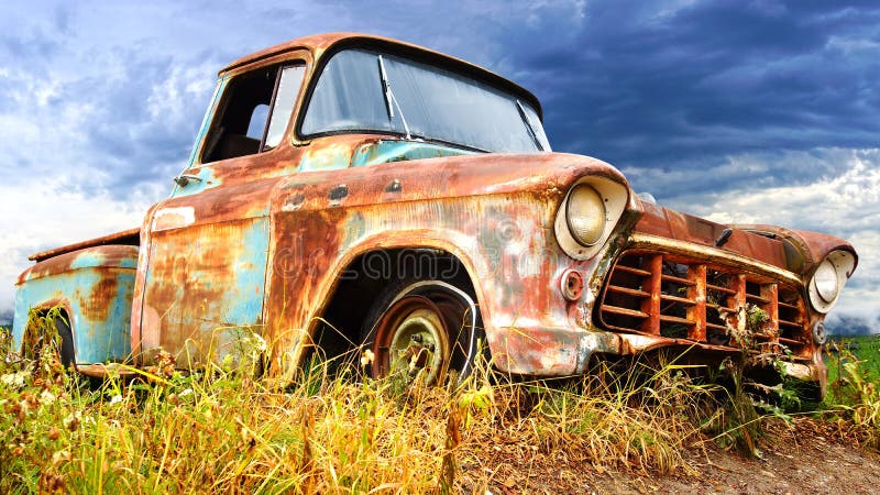 Picturesque Rural Landscape with Old Car. Stock Photo - Image of ...