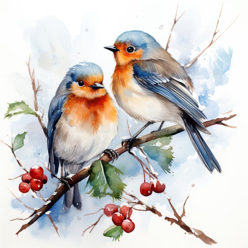 Birds perched on snowy branches, surrounded by the enchanting ambiance of Christmas. Generative AI