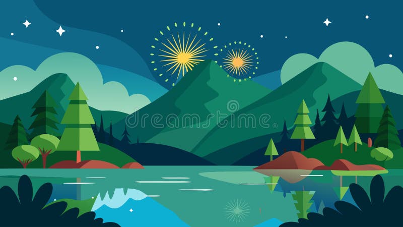 A picturesque scene of a lake surrounded by lush greenery with the grandeur of fireworks reflected on its calm surface celebrating the countrys. Vector illustration AI generated