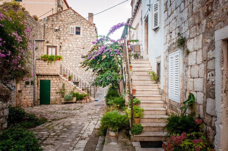 Small town street view in Mali Ston, Croatia
