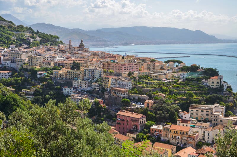 Picturesque summer landscape of vietri sul mare beach, Italy. It is the last or first town on Amalfi Coast and it is the origin of dishes, flowerpots, vases and tiles.