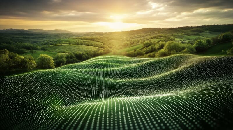 A picturesque sunset unfolding over rolling hills is juxtaposed with a intricate system of interconnected nodes in the stock photo
