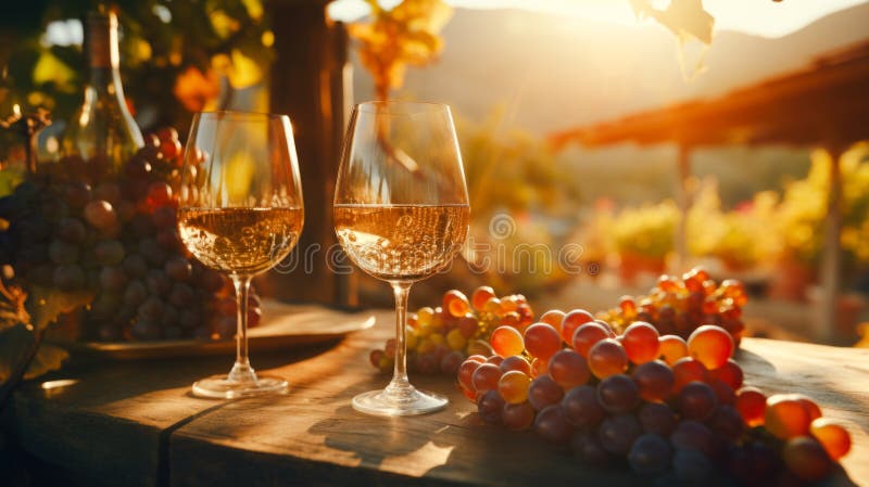 O scenă pitorească a podgoriei în care paharele de vin rafinat se bucură în mijlocul dealurilor acoperite cu viță-de-vie. atmosfer vector illustration