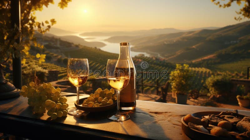 O scenă pitorească a podgoriei în care paharele de vin rafinat se bucură în mijlocul dealurilor acoperite cu viță-de-vie. atmosfer stock illustration