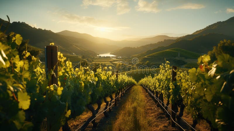 O scenă pitorească a podgoriei în care paharele de vin rafinat se bucură în mijlocul dealurilor acoperite cu viță-de-vie. atmosfer royalty free illustration