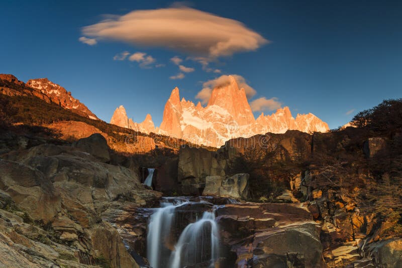 Picturesque Waterfall at Mount Fitz Roy. Patagonia Stock Photo - Image ...