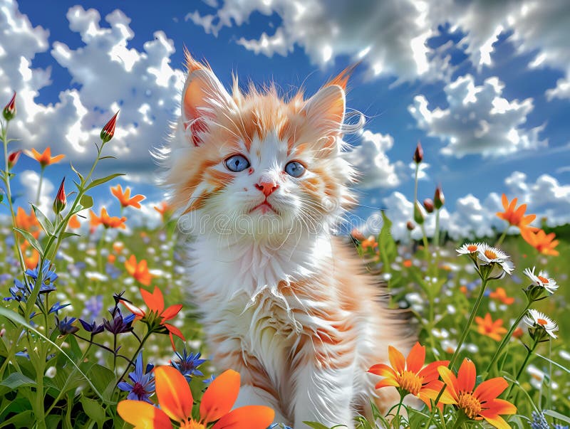 In a picturesque wildflower field, a vibrant orange and white kitten frolics with sheer joy amidst the blossoms. With an adorable curiosity, the kitten explores the colorful blooms, its playful antics adding charm to the serene scene. Bathed in the warm sunlight, this whimsical moment captures the essence of carefree bliss and the beauty of nature's embrace. In a picturesque wildflower field, a vibrant orange and white kitten frolics with sheer joy amidst the blossoms. With an adorable curiosity, the kitten explores the colorful blooms, its playful antics adding charm to the serene scene. Bathed in the warm sunlight, this whimsical moment captures the essence of carefree bliss and the beauty of nature's embrace.