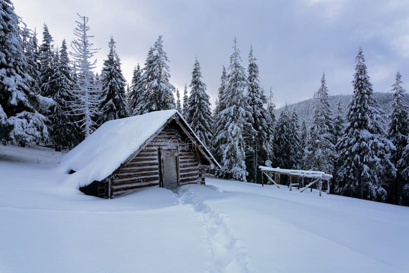 Picturesque winter landscape with huts, snowy mountains and forest.