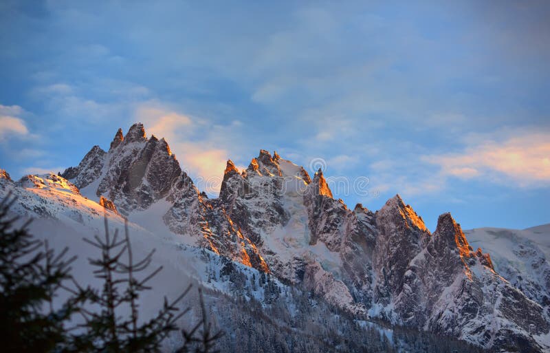 Picturesque Winter Sunset in Chamonix, View from the Valley of Chamonix ...