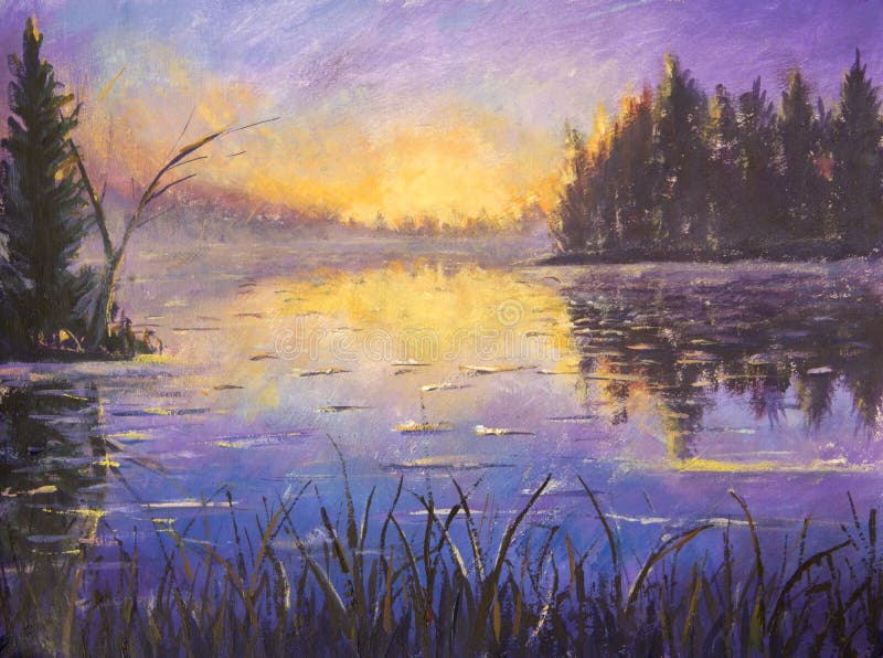 Pictură acrilică violet violet dimineață pe râu. răsăritul în apă. apus peste râu. reflexie în apă. rurală vector illustration