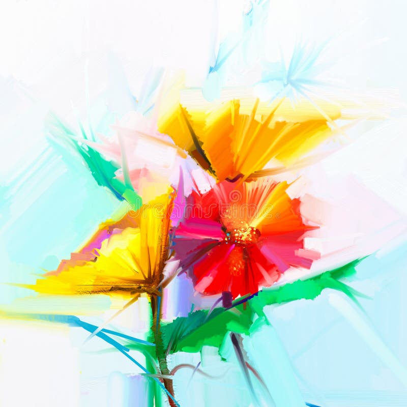 Pictură de ulei abstractă cu flori de primăvară. viață de flori de gerbera galbene și roșii vector illustration
