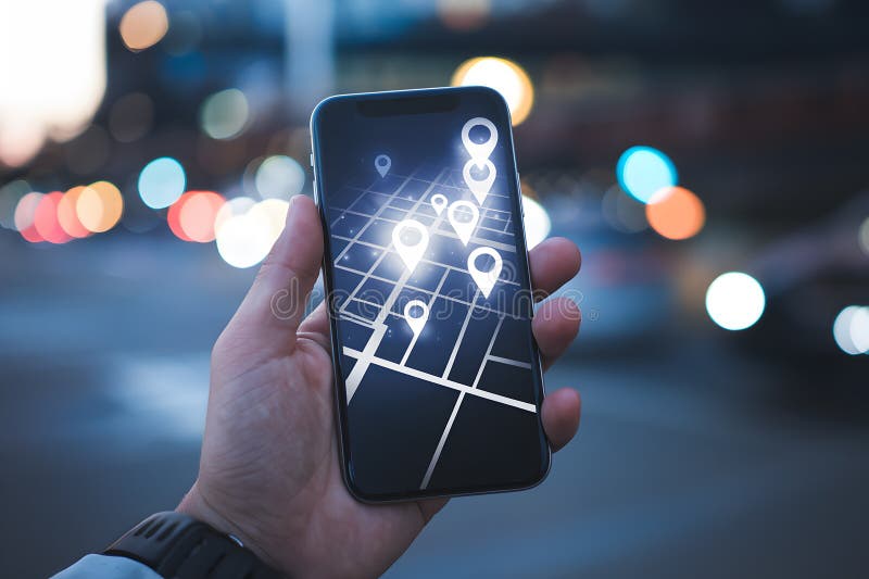 Hand holds smartphone showing map, city lights blurred in distant background royalty free illustration