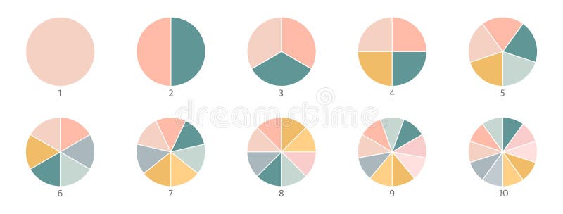 Pie chart color icons. Segment slice sign. Circle section graph. 1,2,3,4,5 segment infographic. Wheel round diagram part. Symbol. Three phase, six circular