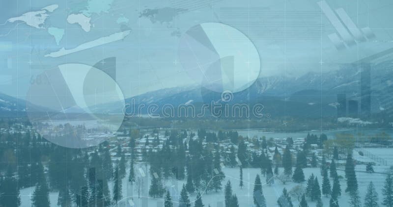 Pie chart and data processing animation over snowy mountain landscape stock footage