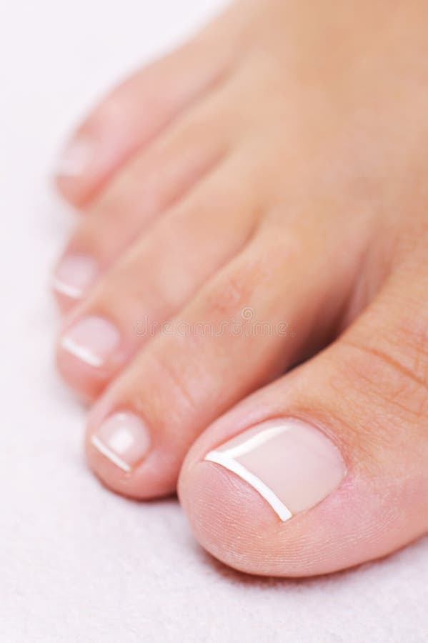 Pie femenino Well-groomed con un pedicure francés imágenes de archivo libres de regalías Pie femenino Well-groomed con un pedicure francés imágenes de archivo libres de regalías