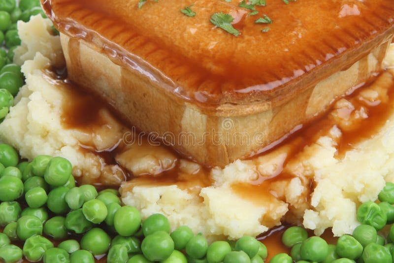 Pie, Mash & Peas. Steak pie with mashed potato, peas and gravy