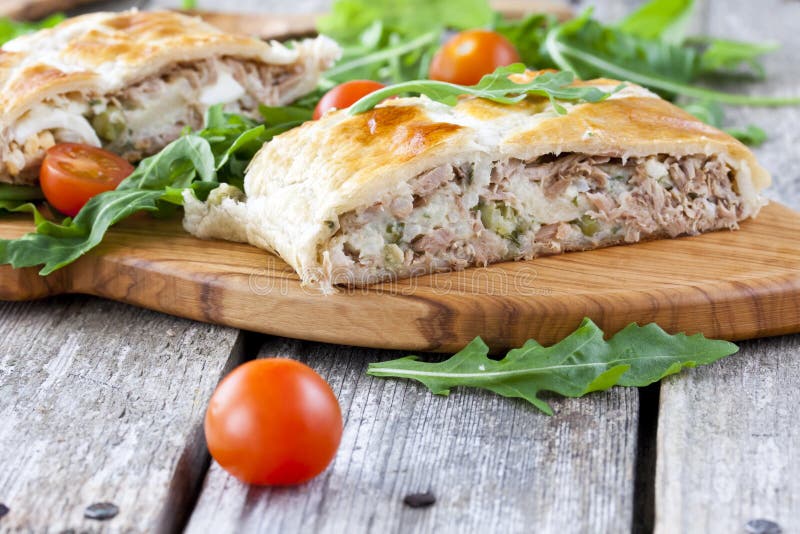 Pie of Puff Pastry with Tuna, Rice and Egg Stock Image Image of