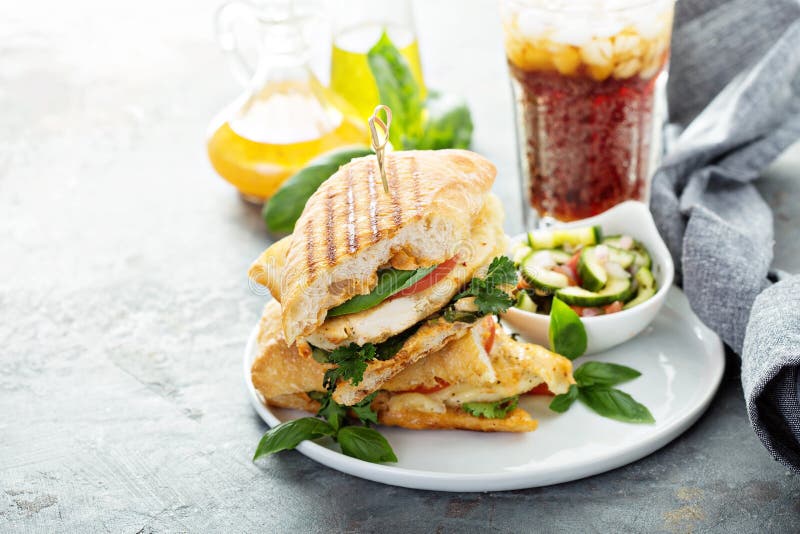 Piec na grillu panini kanapka z kurczakiem i serem zdjęcia stock Piec na grillu panini kanapka z kurczakiem i serem zdjęcia stock