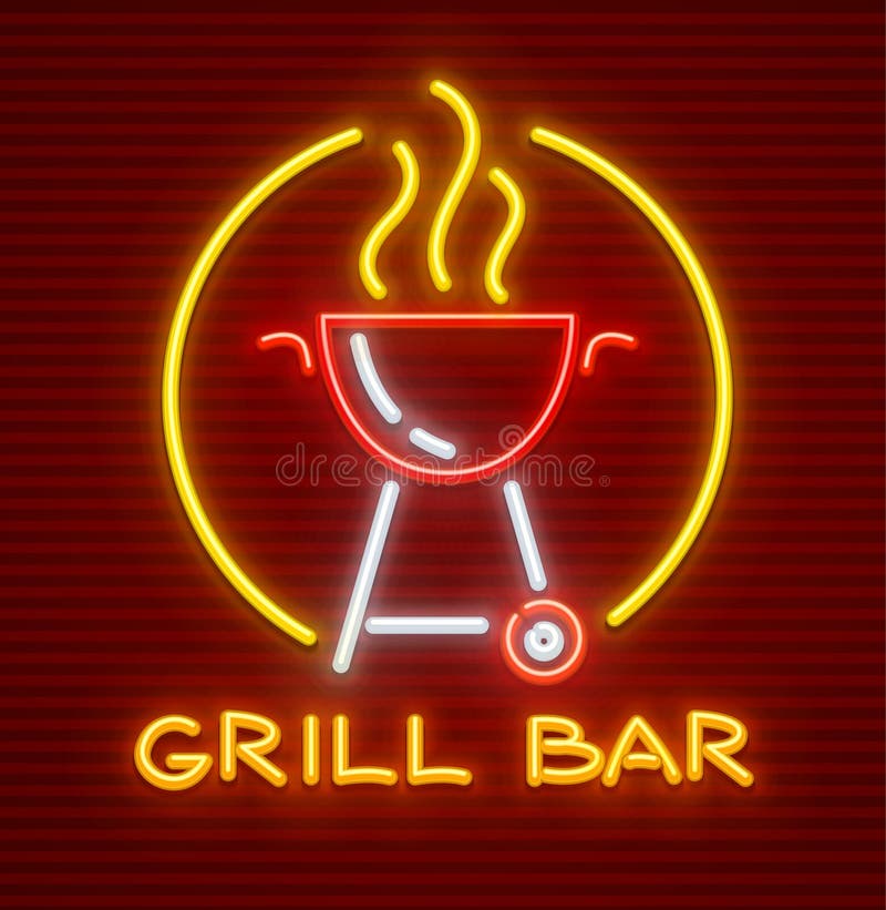 Piec na grillu prętowego neonowego ikony wyposażenie dla bbq pinkinu royalty ilustracja