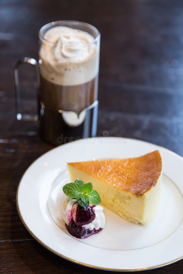 Piece of Blueberry Cheesecake and Coffee Latte Stock Photo Image of